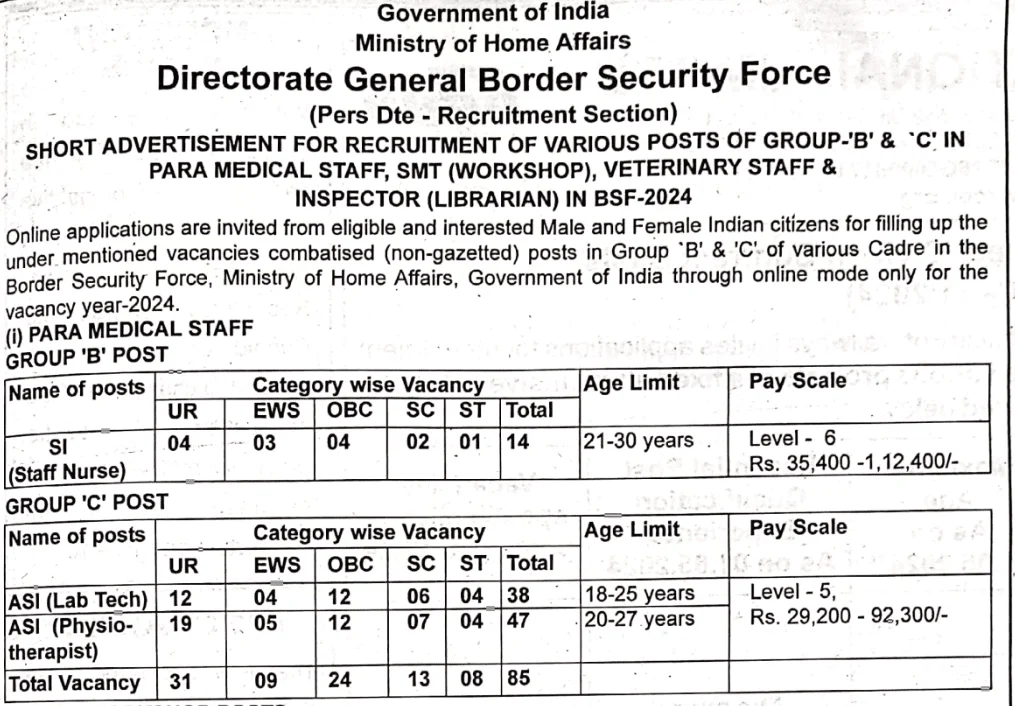 BSF Bharti 2024 : 10वीं पास के लिए बीएसएफ में बंपर भर्ती, नोटिफिकेशन जारी