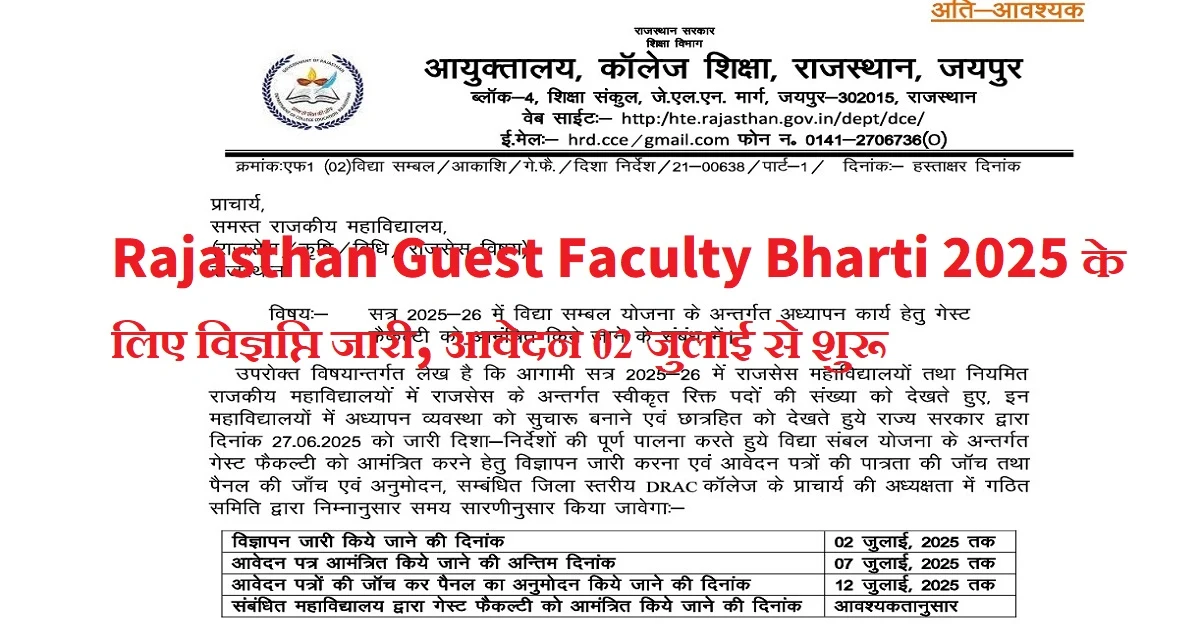 Rajasthan Guest Faculty Bharti 2025: राजस्थान विद्या संबल योजना भर्ती के लिए विज्ञप्ति जारी, आवेदन 7 जुलाई तक