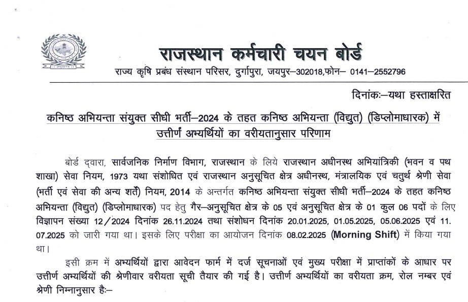 RSMSSB JEN Result PDF Download