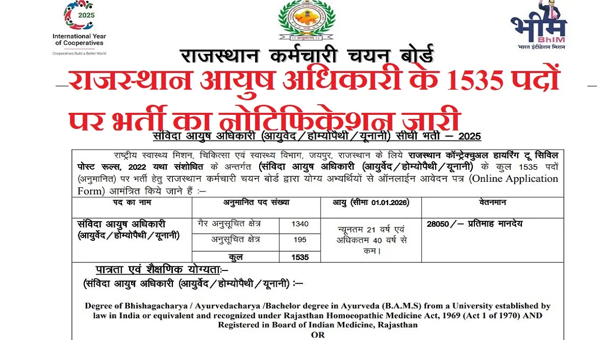 RSSB Aayush Officer Vacancy 2025: राजस्थान में 1535 आयुष अधिकारियों की भर्ती, जल्द करें आवेदन