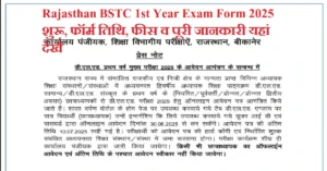 Rajasthan BSTC 1st Year Exam Form 2025: बीएसटीसी मुख्य प्रथम वर्ष परीक्षा फॉर्म शुरू, फॉर्म तिथि, फीस व पूरी जानकारी यहां देखें