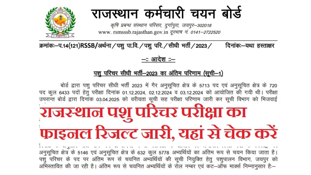 Rajasthan Pashu Parichar Final Result 2025: राजस्थान पशु परिचर परीक्षा का फाइनल रिजल्ट जारी, यहां से चेक करें