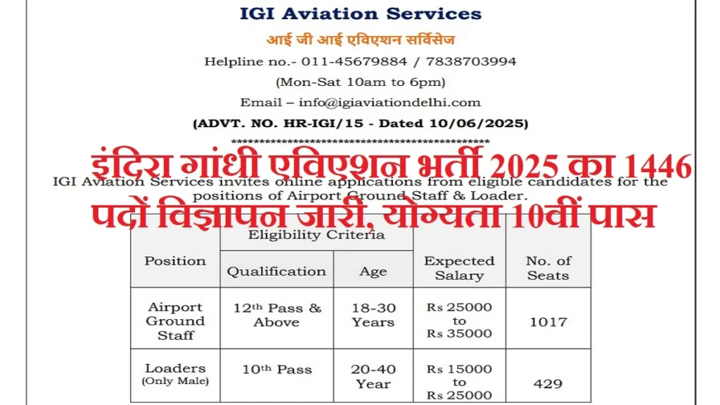 IGI Aviation Services Recruitment 2025: इंदिरा गांधी एविएशन भर्ती 2025 का 1446 पदों पर नोटिफिकेशन जारी, 10वी पास करे आवेदन
