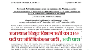 Rajasthan Vidyut Vibhag Recruitment 2025: राजस्थान विद्युत विभाग भर्ती 2163 पदों पर नोटिफिकेशन जारी