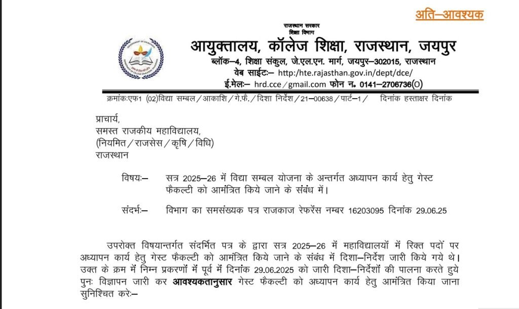 Rajasthan Vidya Sambal Yojana 2025: राजस्थान में 200 Guest Faculty पदों पर भर्ती का नोटिफिकेशन जारी, आवेदन शुरू