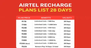 Airtel recharge plans list 28 days with unlimited calling and data offers