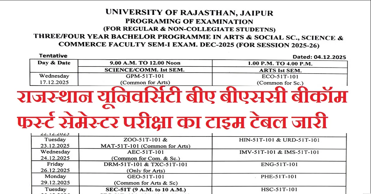 Rajasthan University UG 1st Semester Time Table 2025 जारी | BA BSc BCom First Semester Exam Date & PDF Download