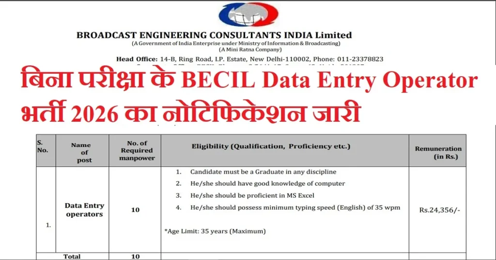 BECIL Data Entry Operator Recruitment 2026 apply Now