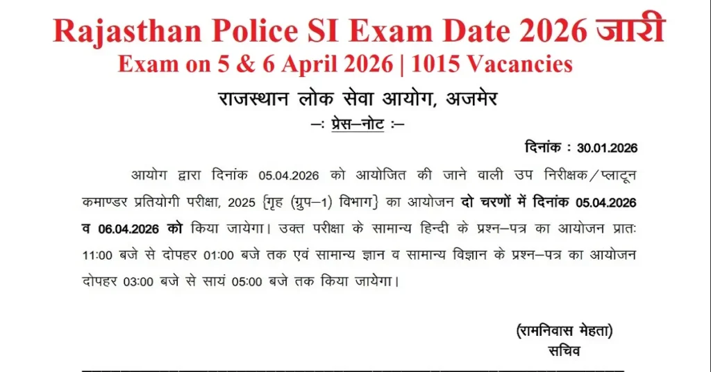 Rajasthan Police SI Exam Date 2026 released by RPSC for 1015 vacancies