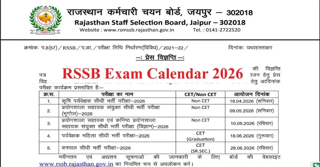 RSSB Exam Calendar 2026 PDF Download New Exam Dates Rajasthan