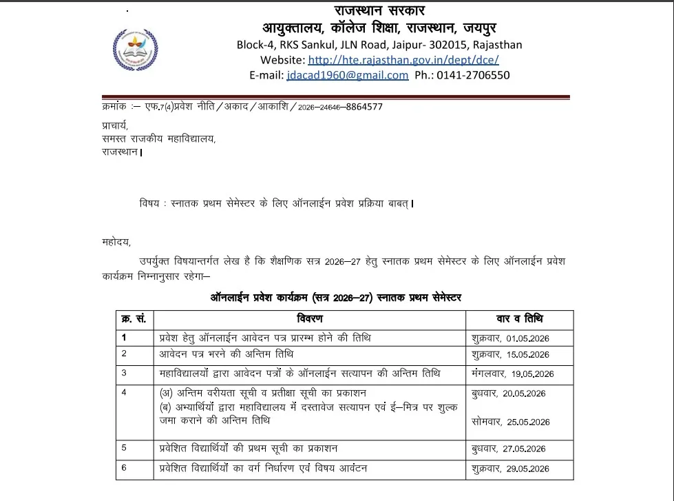 राजस्थान सरकारी कॉलेज प्रवेश 2026 तिथि 