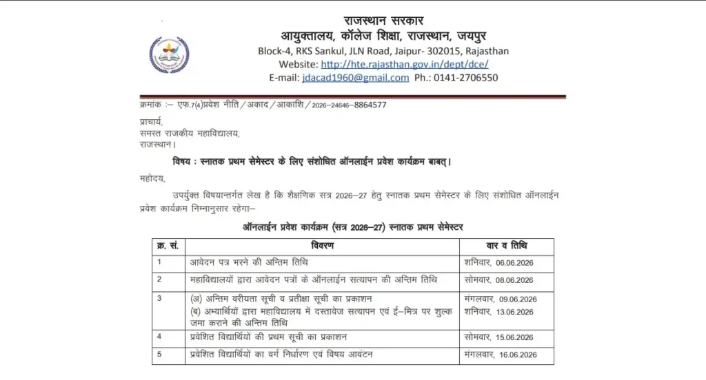 Rajasthan Govt College Admission 2026 last date exetend notice